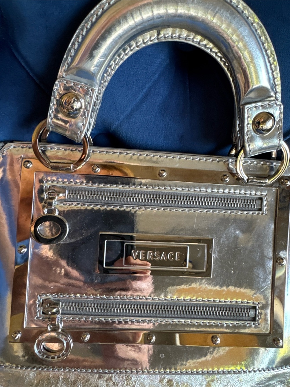 Versace Silver Metallic Structured Satchel - Picture 3 of 15